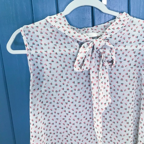 Peach Fruit Print Pussybow Blouse Juniors Large Retro Whimsical Secretary Geek - Picture 2 of 6